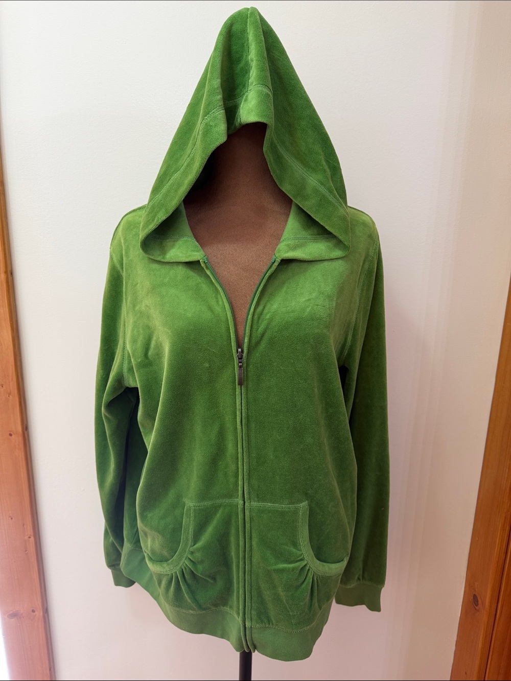 SJB. Velour Green Active Jacket with Hoodie and two large pockets. Size L